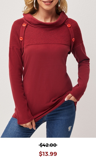Wine Red Decorative Button Cowl Neck T Shirt