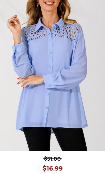Lace Trim Turndown Collar Blue Long Sleeve Blouse