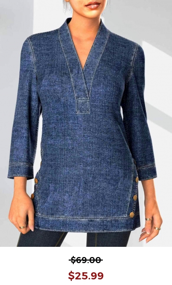 Decorative Button V Neck Denim Blue Blouse