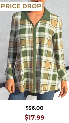 Plaid Turndown Collar Green Long Sleeve Blouse