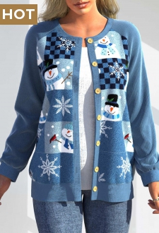 Blue Patchwork Christmas Print Long Sleeve Cardigan