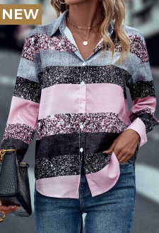 Multi Color Button Long Sleeve Shirt Collar Blouse