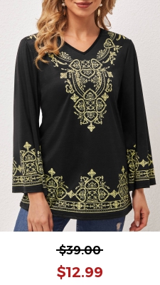 Black Tribal Print V Neck T Shirt