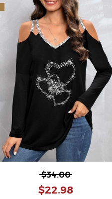 Black Hot Drilling Heart Print T Shirt