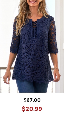 Lace Stitching Navy Blue Split Neck Blouse