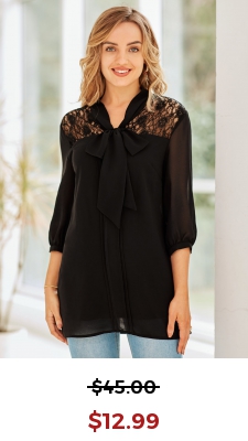Tie Neck Lace Stitching 3/4 Sleeve Blouse