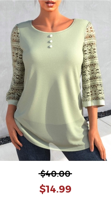Lace Patchwork Sage Green Decorative Button T Shirt