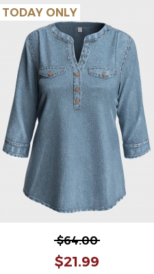 Split Neck 3/4 Sleeve Denim Blue Blouse