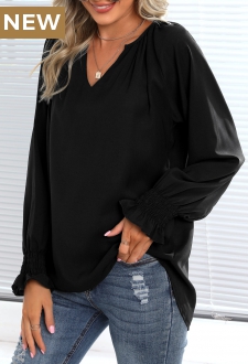 Black Smocked Long Sleeve Split Neck Blouse