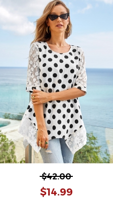 Lace Stitching Polka Dot 3/4 Sleeve T Shirt