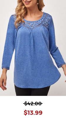 Lace Stitching Round Neck Blue T Shirt