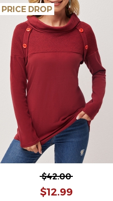 Wine Red Decorative Button Cowl Neck T Shirt