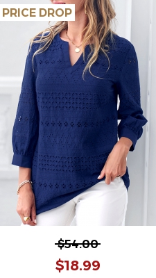 Navy Blue Split Neck Embroidered Blouse
