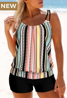 Multi Stripe Print Double Straps Tankini Top