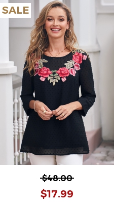 Flower Applique 3/4 Sleeve Round Neck Black Blouse
