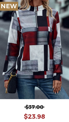 Deep Red Zipper Geometric Print Long Sleeve Sweatshirt