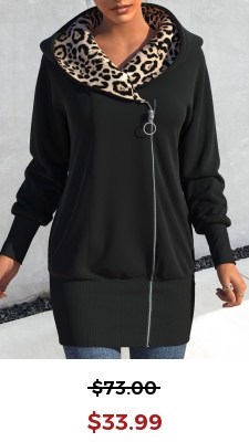 Black Zipper Leopard Long Sleeve Hooded Coat
