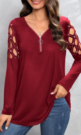 Wine Red Hot Drilling Long Sleeve T Shirt