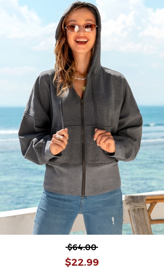 Drawstring Detail Zipper Closure Pocket Hoodie
