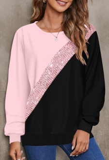 Pink Patchwork Long Sleeve Round Neck Sweatshirt