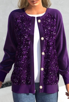 Dark Purple Sequin Long Sleeve Round Neck Cardigan