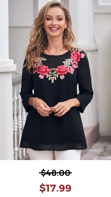 Flower Applique 3/4 Sleeve Round Neck Black Blouse
