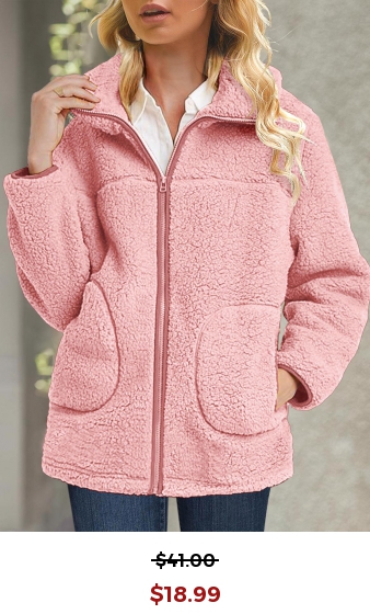 Pink Plush Long Sleeve Turn Down Collar Coat