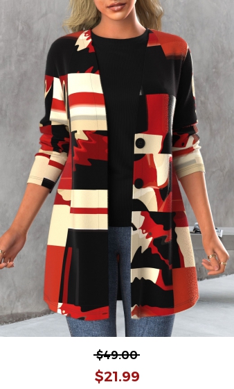 Red Button Geometric Print Long Sleeve Cardigan