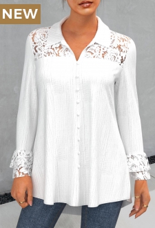 White Lace Stitching Turndown Collar Blouse