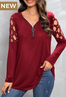 Wine Red Hot Drilling Long Sleeve T Shirt