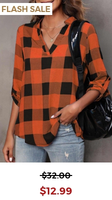 Orange Tartan Print Long Sleeve Split Neck Blouse