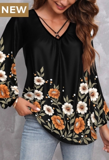 Black Metal Ring Floral Print T Shirt