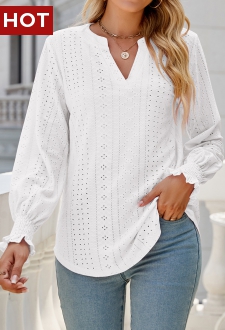 White Breathable Long Sleeve Split Neck Blouse