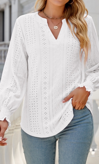 White Breathable Long Sleeve Split Neck Blouse