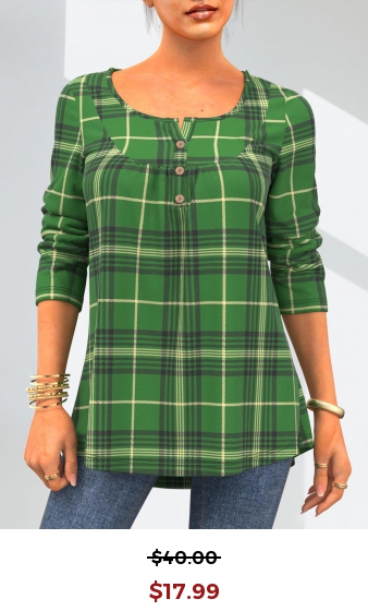 Plaid Green Patricks Day Button Detail T Shirt