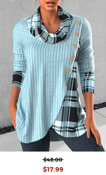 Light Blue Cross Hem Tartan Print Sweatshirt