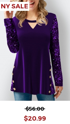 Purple Velvet Stitching Sequin Decorative Button T Shirt