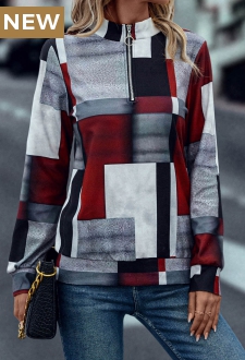 Deep Red Zipper Geometric Print Long Sleeve Sweatshirt