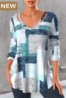 V Neck Blue Cut Out Geometric Print T Shirt