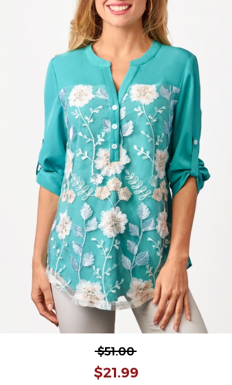 Mesh Stitching Split Neck Embroidered Cyan Blouse