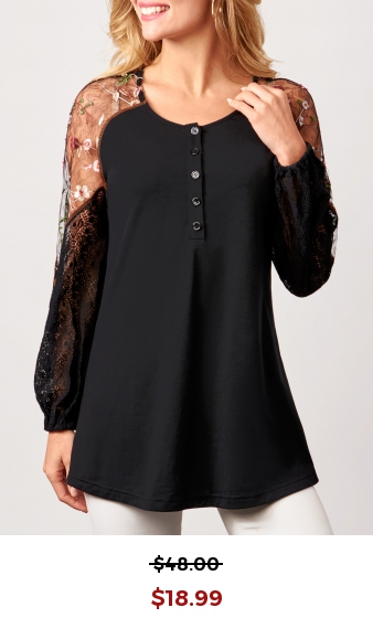 Lace Stitching Long Sleeve Black Blouse