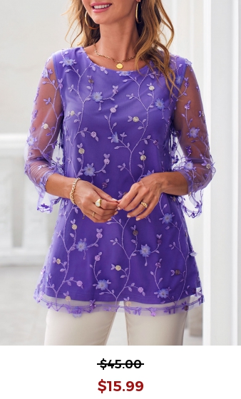 Mesh Stitching Embroidered Purple 3/4 Sleeve Blouse