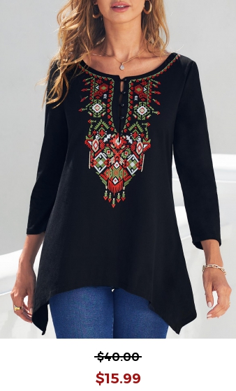 Tribal Print Black Asymmetric Hem T Shirt