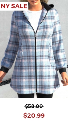 Light Blue Zipper Plaid Long Sleeve Hooded Jacket