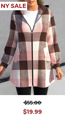 Pink Zipper Tartan Print Long Sleeve Hooded Jacket