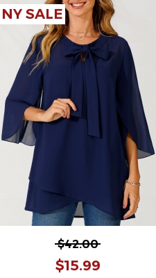 Crossover Hem Navy Blue Bowknot Blouse