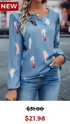 Dusty Blue Feathers Print Long Sleeve Blouse