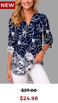 Navy Zipper Floral Print Long Sleeve Blouse