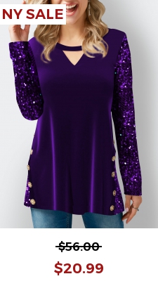 Purple Velvet Stitching Sequin Decorative Button T Shirt