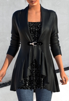 Black Ruffle Long Sleeve Leather Buckle Jacket